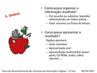 Como posso organizar a informação recolhida?Por assunto ou subtema, fazendo/ reformulando um índice prévio;Fazer resumos ou fichas de leitura.Como posso apresentar o resultado?Opções possíveis: Texto narrativoApresentação oralApresentação multimédia/ powerpoint, CD-ROM, áudio, vídeo, internet …5- SínteseBE/CRE-2011Plano de Desenvolvimento das Literacias da Informação e Digitais – 5º Ano