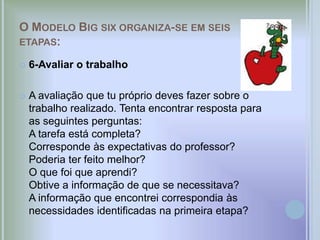 O MODELO BIG SIX ORGANIZA-SE EM SEIS
ETAPAS:

   6-Avaliar o trabalho

   A avaliação que tu próprio deves fazer sobre o
    trabalho realizado. Tenta encontrar resposta para
    as seguintes perguntas:
    A tarefa está completa?
    Corresponde às expectativas do professor?
    Poderia ter feito melhor?
    O que foi que aprendi?
    Obtive a informação de que se necessitava?
    A informação que encontrei correspondia às
    necessidades identificadas na primeira etapa?
 