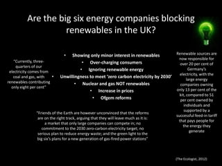 Are the big six energy companies blocking
                    renewables in the UK?

                               •  Showing only minor interest in renewables          Renewable sources are
                                                                                      now responsible for
    “Currently, three-                 • Over-charging consumers                       over 20 per cent of
     quarters of our
 electricity comes from               • Ignoring renewable energy                           Germany’s
                                                                                      electricity, with the
   coal and gas, with   •    Unwillingness to meet ‘zero carbon electricity by 2030’
                                                                                           large energy
renewables contributing             • Nuclear and gas NOT renewables                   companies owning
  only eight per cent”
                                           • Increase in prices                      only 13 per cent of the
                                                                                      kit, compared to 51
                                            • Ofgem reforms                            per cent owned by
                                                                                           individuals and
                                                                                           supported by a
               “Friends of the Earth are however unconvinced that the reforms
                                                                                       successful feed-in tariff
                are on the right track, arguing that they will leave much as it is:
                                                                                        that pays people for
                    a market that only large companies can compete in; no
                                                                                          the energy they
                  commitment to the 2030 zero-carbon electricity target; no
                                                                                              generate
                serious plan to reduce energy waste; and the green light to the
               big six’s plans for a new generation of gas-fired power stations”



                                                                                       (The Ecologist, 2012)
 