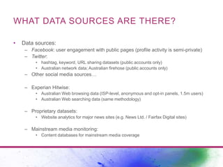 WHAT DATA SOURCES ARE THERE? 
• Data sources: 
– Facebook: user engagement with public pages (profile activity is semi-private) 
– Twitter: 
• hashtag, keyword, URL sharing datasets (public accounts only) 
• Australian network data; Australian firehose (public accounts only) 
– Other social media sources… 
– Experian Hitwise: 
• Australian Web browsing data (ISP-level, anonymous and opt-in panels, 1.5m users) 
• Australian Web searching data (same methodology) 
– Proprietary datasets: 
• Website analytics for major news sites (e.g. News Ltd. / Fairfax Digital sites) 
– Mainstream media monitoring: 
• Content databases for mainstream media coverage 
 