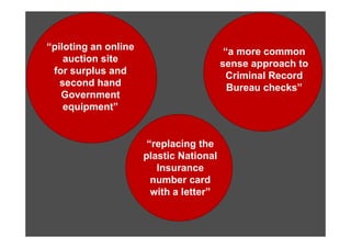 “piloting an online                         “a more common
    auction site                           sense approach to
                                                   pp
 for
 f surplus and
          l      d                           Criminal Record
   second hand                               Bureau checks”
   Government
    equipment”


                       “replacing the
                      plastic National
                        l ti N ti      l
                         Insurance
                        number card
                        with a letter”
 