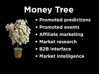 Money Tree
• Promoted predictions
• Promoted events
• Affiliate marketing
• Market research
• B2B interface
• Market intelligence

 