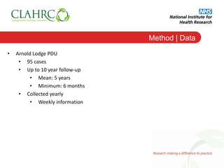 Method | Data
•   Arnold Lodge PDU
     • 95 cases
     • Up to 10 year follow-up
          • Mean: 5 years
          • Mi...