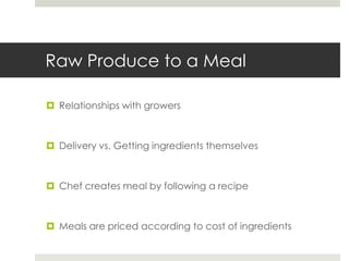 Raw Produce to a Meal
 Relationships with growers

 Delivery vs. Getting ingredients themselves

 Chef creates meal by following a recipe

 Meals are priced according to cost of ingredients

 