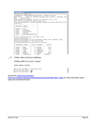 Hands On Lab Page 25
__17. Finally, clean up the your database:
$JSQSH_HOME/bin/jsqsh bigsql
drop table test1;
Consult the JSqsh documentation
(http://sourceforge.net/apps/mediawiki/jsqsh/index.php?title=Main_Page) for more information about
using this command line tool.
 