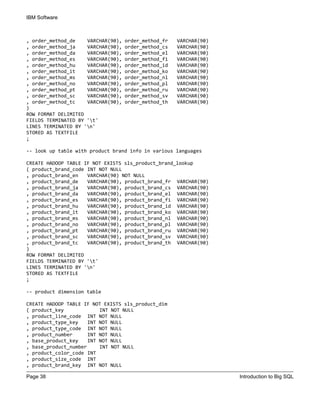 IBM Software
Page 38 Introduction to Big SQL
, order_method_de VARCHAR(90), order_method_fr VARCHAR(90)
, order_method_ja VARCHAR(90), order_method_cs VARCHAR(90)
, order_method_da VARCHAR(90), order_method_el VARCHAR(90)
, order_method_es VARCHAR(90), order_method_fi VARCHAR(90)
, order_method_hu VARCHAR(90), order_method_id VARCHAR(90)
, order_method_it VARCHAR(90), order_method_ko VARCHAR(90)
, order_method_ms VARCHAR(90), order_method_nl VARCHAR(90)
, order_method_no VARCHAR(90), order_method_pl VARCHAR(90)
, order_method_pt VARCHAR(90), order_method_ru VARCHAR(90)
, order_method_sc VARCHAR(90), order_method_sv VARCHAR(90)
, order_method_tc VARCHAR(90), order_method_th VARCHAR(90)
)
ROW FORMAT DELIMITED
FIELDS TERMINATED BY 't'
LINES TERMINATED BY 'n'
STORED AS TEXTFILE
;
-- look up table with product brand info in various languages
CREATE HADOOP TABLE IF NOT EXISTS sls_product_brand_lookup
( product_brand_code INT NOT NULL
, product_brand_en VARCHAR(90) NOT NULL
, product_brand_de VARCHAR(90), product_brand_fr VARCHAR(90)
, product_brand_ja VARCHAR(90), product_brand_cs VARCHAR(90)
, product_brand_da VARCHAR(90), product_brand_el VARCHAR(90)
, product_brand_es VARCHAR(90), product_brand_fi VARCHAR(90)
, product_brand_hu VARCHAR(90), product_brand_id VARCHAR(90)
, product_brand_it VARCHAR(90), product_brand_ko VARCHAR(90)
, product_brand_ms VARCHAR(90), product_brand_nl VARCHAR(90)
, product_brand_no VARCHAR(90), product_brand_pl VARCHAR(90)
, product_brand_pt VARCHAR(90), product_brand_ru VARCHAR(90)
, product_brand_sc VARCHAR(90), product_brand_sv VARCHAR(90)
, product_brand_tc VARCHAR(90), product_brand_th VARCHAR(90)
)
ROW FORMAT DELIMITED
FIELDS TERMINATED BY 't'
LINES TERMINATED BY 'n'
STORED AS TEXTFILE
;
-- product dimension table
CREATE HADOOP TABLE IF NOT EXISTS sls_product_dim
( product_key INT NOT NULL
, product_line_code INT NOT NULL
, product_type_key INT NOT NULL
, product_type_code INT NOT NULL
, product_number INT NOT NULL
, base_product_key INT NOT NULL
, base_product_number INT NOT NULL
, product_color_code INT
, product_size_code INT
, product_brand_key INT NOT NULL
 
