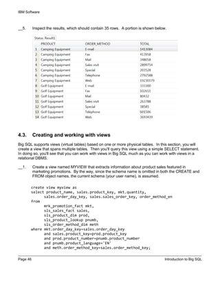 IBM Software
Page 46 Introduction to Big SQL
__5. Inspect the results, which should contain 35 rows. A portion is shown below.
4.3. Creating and working with views
Big SQL supports views (virtual tables) based on one or more physical tables. In this section, you will
create a view that spans multiple tables. Then you'll query this view using a simple SELECT statement.
In doing so, you'll see that you can work with views in Big SQL much as you can work with views in a
relational DBMS.
__1. Create a view named MYVIEW that extracts information about product sales featured in
marketing promotions. By the way, since the schema name is omitted in both the CREATE and
FROM object names, the current schema (your user name), is assumed.
create view myview as
select product_name, sales.product_key, mkt.quantity,
sales.order_day_key, sales.sales_order_key, order_method_en
from
mrk_promotion_fact mkt,
sls_sales_fact sales,
sls_product_dim prod,
sls_product_lookup pnumb,
sls_order_method_dim meth
where mkt.order_day_key=sales.order_day_key
and sales.product_key=prod.product_key
and prod.product_number=pnumb.product_number
and pnumb.product_language='EN'
and meth.order_method_key=sales.order_method_key;
 