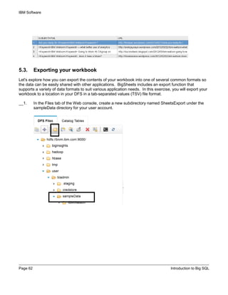 IBM Software
Page 62 Introduction to Big SQL
5.3. Exporting your workbook
Let's explore how you can export the contents of your workbook into one of several common formats so
the data can be easily shared with other applications. BigSheets includes an export function that
supports a variety of data formats to suit various application needs. In this exercise, you will export your
workbook to a location in your DFS in a tab-separated values (TSV) file format.
__1. In the Files tab of the Web console, create a new subdirectory named SheetsExport under the
sampleData directory for your user account.
 