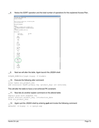 Hands On Lab Page 73
__8. Notice the SORT operation and the total number of operations for this explained Access Plan.
__9. Next we will alter the table. Again launch the JSQSH shell:
$JSQSH_HOME/bin/jsqsh bigsql -P biadmin
__10. Execute the following alter command:
alter table sls_product_dim
add constraint newPK primary key (product_key) not enforced;
This will alter the table to have a non-enforced PK constraint.
__11. Now lets do another explain command on the altered table:
explain plan with snapshot for
select distinct product_key, introduction_date
from sls_product_dim;
__12. Again quit the JSQSH shell by entering quit and invoke the following command:
db2exfmt -d bigsql -1 -o query2.exp
 