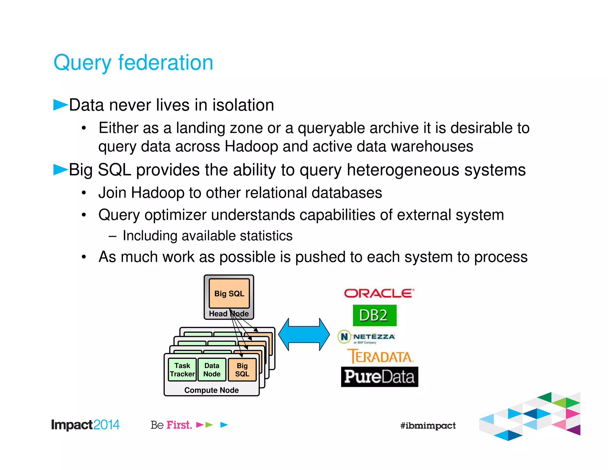Query federation
Data never lives in isolation
• Either as a landing zone or a queryable archive it is desirable to
query data across Hadoop and active data warehouses
Big SQL provides the ability to query heterogeneous systems
• Join Hadoop to other relational databases
• Query optimizer understands capabilities of external system
– Including available statistics
• As much work as possible is pushed to each system to process
Head Node
Big SQL
Compute Node
Task
Tracker
Data
Node
Big
SQL
Compute Node
Task
Tracker
Data
Node
Big
SQL
Compute Node
Task
Tracker
Data
Node
Big
SQL
Compute Node
Task
Tracker
Data
Node
Big
SQL
 