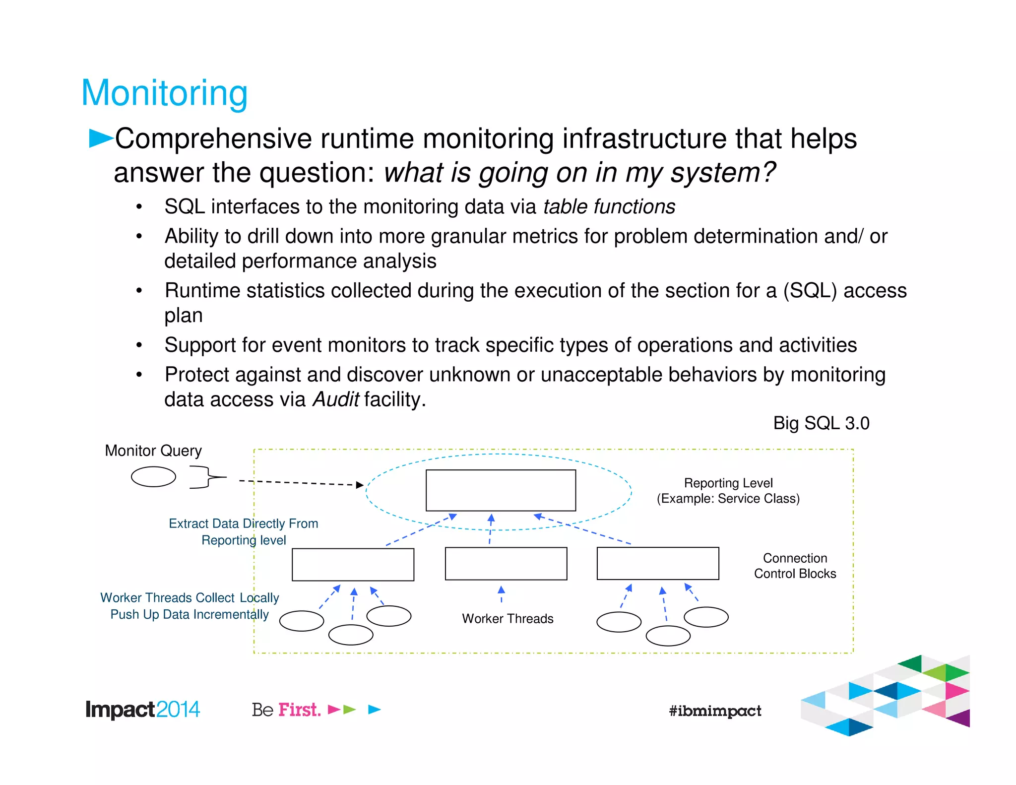 Monitoring
Comprehensive runtime monitoring infrastructure that helps
answer the question: what is going on in my system?
• SQL interfaces to the monitoring data via table functions
• Ability to drill down into more granular metrics for problem determination and/ or
detailed performance analysis
• Runtime statistics collected during the execution of the section for a (SQL) access
plan
• Support for event monitors to track specific types of operations and activities
• Protect against and discover unknown or unacceptable behaviors by monitoring
data access via Audit facility.
Reporting Level
(Example: Service Class)
Big SQL 3.0
Worker Threads
Connection
Control Blocks
Worker Threads Collect Locally
Push Up Data Incrementally
Extract Data Directly From
Reporting level
Monitor Query
 