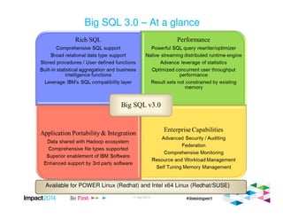 Big SQL 3.0 – At a glance
Available for POWER Linux (Redhat) and Intel x64 Linux (Redhat/SUSE)
11-Apr-2014
 