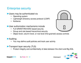 Enterprise security
Users may be authenticated via
• Operating system
• Lightweight directory access protocol (LDAP)
• Kerberos
User authorization mechanisms include
• Full GRANT/REVOKE based security
• Group and role based hierarchical security
• Object level, column level, or row level (fine-grained) access controls
Auditing
• You may define audit policies and track user activity
Transport layer security (TLS)
• Protect integrity and confidentiality of data between the client and Big SQL
 