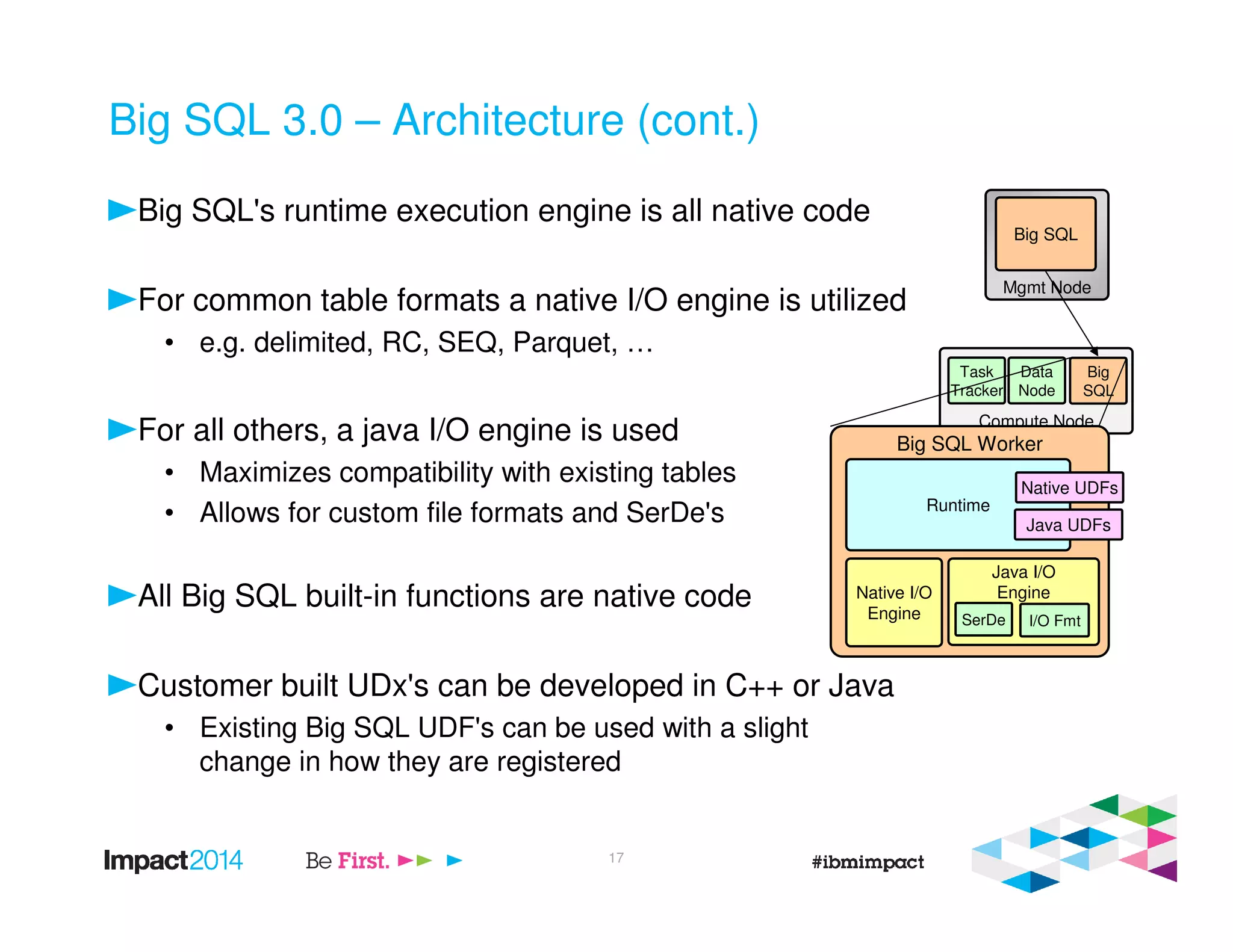 Big SQL 3.0 – Architecture (cont.)
Big SQL's runtime execution engine is all native code
For common table formats a native I/O engine is utilized
• e.g. delimited, RC, SEQ, Parquet, …
For all others, a java I/O engine is used
• Maximizes compatibility with existing tables
• Allows for custom file formats and SerDe's
All Big SQL built-in functions are native code
Customer built UDx's can be developed in C++ or Java
• Existing Big SQL UDF's can be used with a slight
change in how they are registered
Mgmt Node
Big SQL
Compute Node
Task
Tracker
Data
Node
Big
SQL
Big SQL Worker
Native I/O
Engine
Java I/O
Engine
SerDe I/O Fmt
Runtime
Java UDFs
Native UDFs
17
 