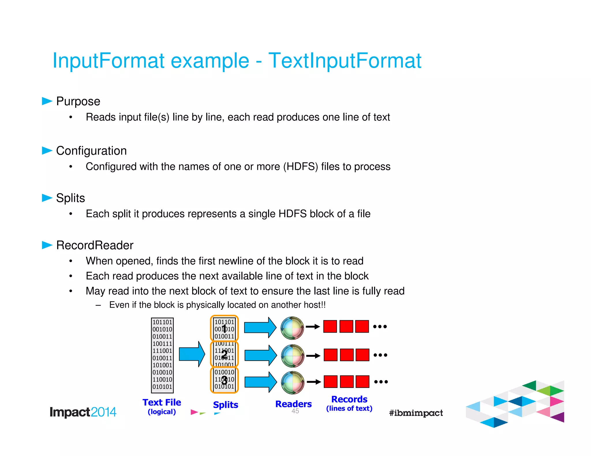 InputFormat example - TextInputFormat
Purpose
• Reads input file(s) line by line, each read produces one line of text
Configuration
• Configured with the names of one or more (HDFS) files to process
Splits
• Each split it produces represents a single HDFS block of a file
RecordReader
• When opened, finds the first newline of the block it is to read
• Each read produces the next available line of text in the block
• May read into the next block of text to ensure the last line is fully read
– Even if the block is physically located on another host!!
101101
001010
010011
100111
111001
010011
101001
010010
110010
010101
101101
001010
010011
100111
111001
010011
101001
010010
110010
010101
1
2
3
Text File
(logical)
Splits Readers
Records
(lines of text)45
 