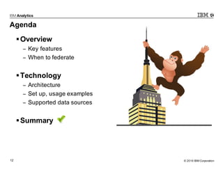 © 2016 IBM Corporation12
Agenda
§Overview
− Key features
− When to federate
§Technology
− Architecture
− Set up, usage examples
− Supported data sources
§Summary
 
