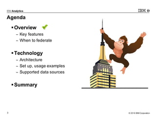 © 2016 IBM Corporation3
Agenda
§Overview
− Key features
− When to federate
§Technology
− Architecture
− Set up, usage examples
− Supported data sources
§Summary
 