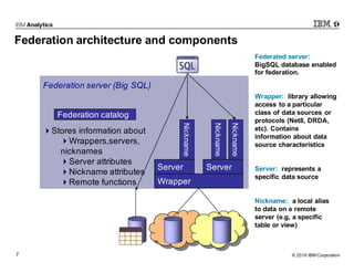 © 2016 IBM Corporation7
Federation architecture and components
Wrapper
ServerServer
Nickname
Nickname
Nickname
Federated server:
BigSQL database enabled
for federation.
Wrapper: library allowing
access to a particular
class of data sources or
protocols (Net8, DRDA,
etc). Contains
information about data
source characteristics
Server: represents a
specific data source
Nickname: a local alias
to data on a remote
server (e.g, a specific
table or view)
Federation catalog
4Stores information about
4Wrappers,servers,
nicknames
4Server attributes
4Nickname attributes
4Remote functions
Federation server (Big SQL)
 