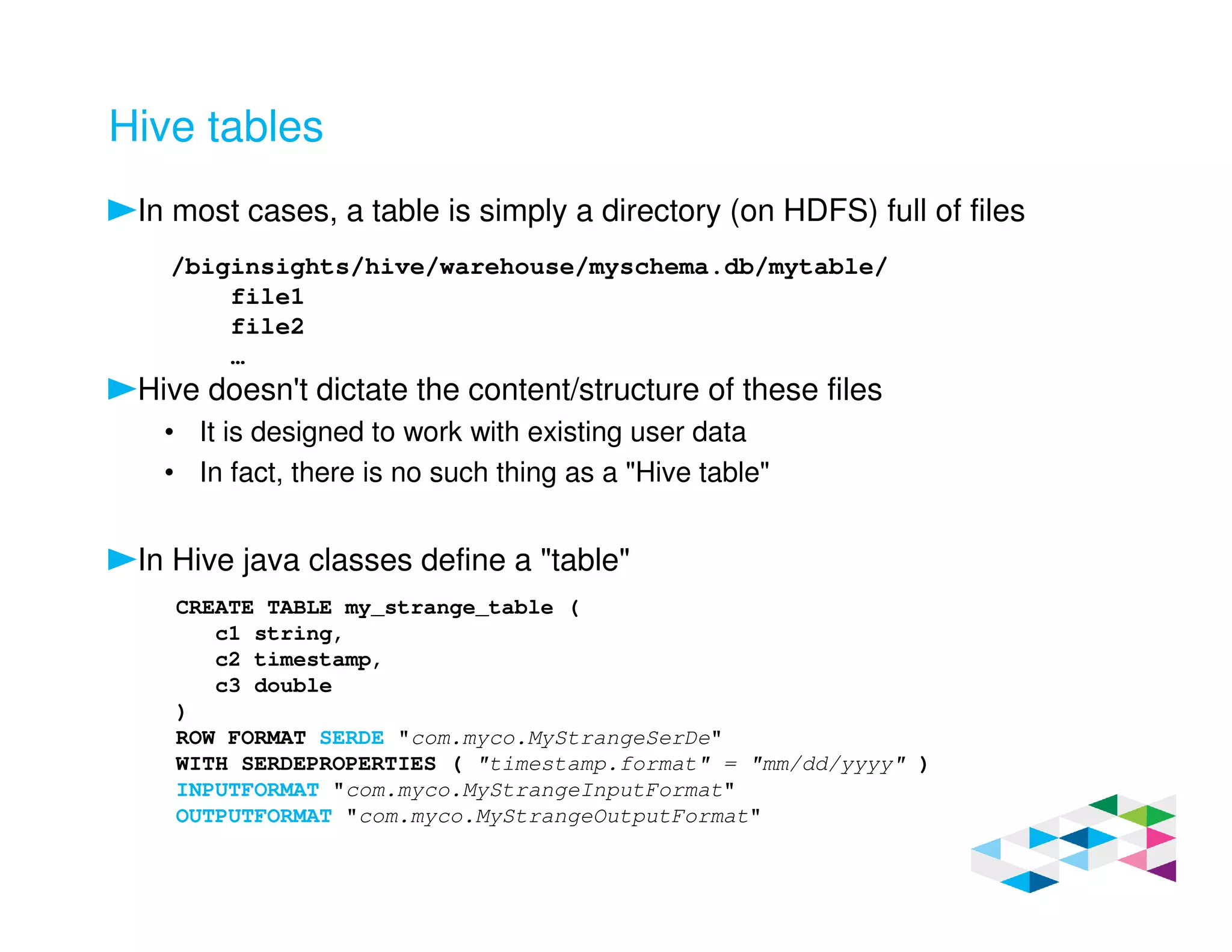 Hive tables
In most cases, a table is simply a directory (on HDFS) full of files
Hive doesn't dictate the content/structure of these files
• It is designed to work with existing user data
• In fact, there is no such thing as a "Hive table"
In Hive java classes define a "table"
/biginsights/hive/warehouse/myschema.db/mytable/
file1
file2
…
CREATE TABLE my_strange_table (
c1 string,
c2 timestamp,
c3 double
)
ROW FORMAT SERDE "com.myco.MyStrangeSerDe"
WITH SERDEPROPERTIES ( "timestamp.format" = "mm/dd/yyyy" )
INPUTFORMAT "com.myco.MyStrangeInputFormat"
OUTPUTFORMAT "com.myco.MyStrangeOutputFormat"
 