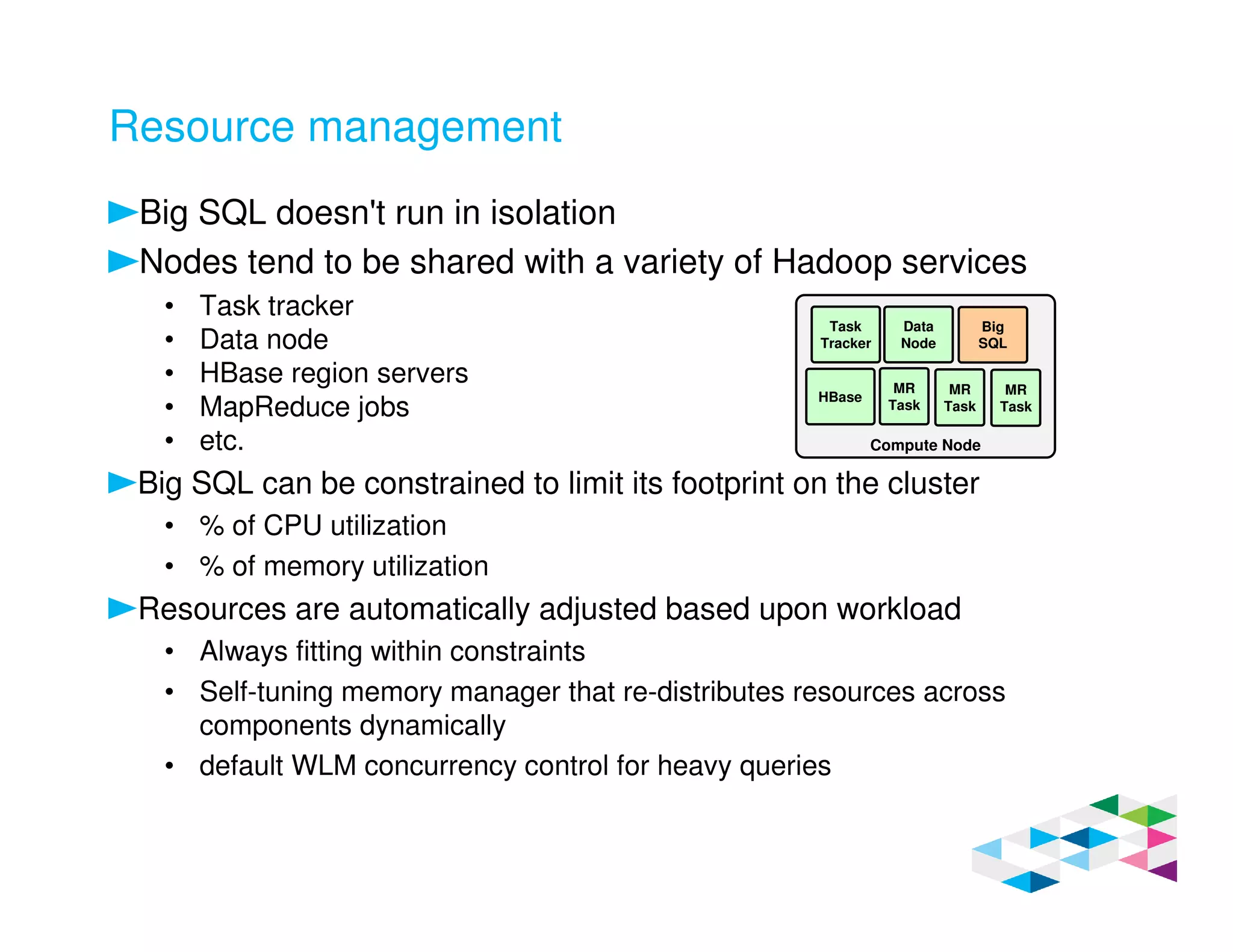 Resource management
Big SQL doesn't run in isolation
Nodes tend to be shared with a variety of Hadoop services
• Task tracker
• Data node
• HBase region servers
• MapReduce jobs
• etc.
Big SQL can be constrained to limit its footprint on the cluster
• % of CPU utilization
• % of memory utilization
Resources are automatically adjusted based upon workload
• Always fitting within constraints
• Self-tuning memory manager that re-distributes resources across
components dynamically
• default WLM concurrency control for heavy queries
Compute Node
Task
Tracker
Data
Node
Big
SQL
HBase
MR
Task
MR
Task
MR
Task
 