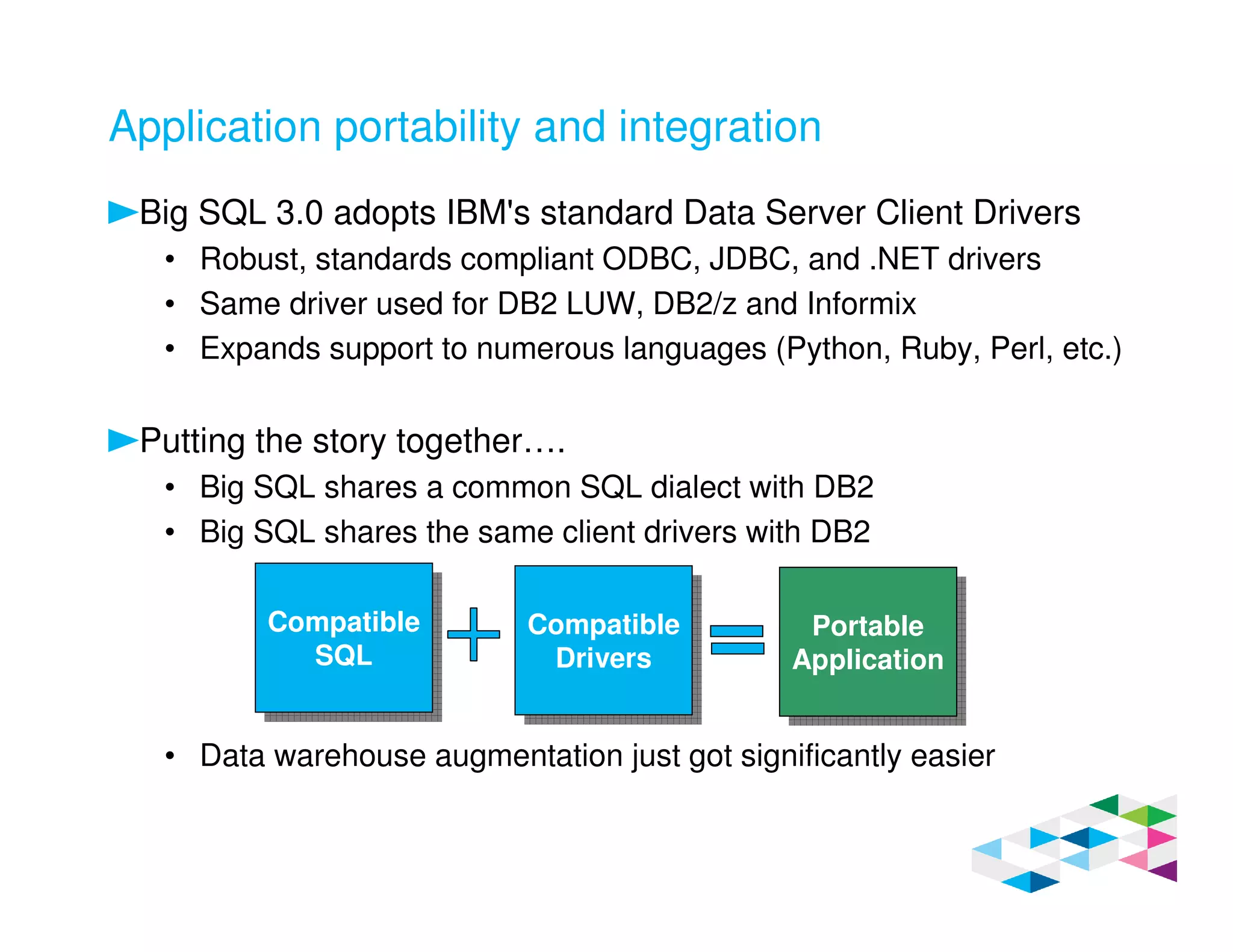 Application portability and integration
Big SQL 3.0 adopts IBM's standard Data Server Client Drivers
• Robust, standards compliant ODBC, JDBC, and .NET drivers
• Same driver used for DB2 LUW, DB2/z and Informix
• Expands support to numerous languages (Python, Ruby, Perl, etc.)
Putting the story together….
• Big SQL shares a common SQL dialect with DB2
• Big SQL shares the same client drivers with DB2
• Data warehouse augmentation just got significantly easier
Compatible
SQL
Compatible
SQL
Compatible
Drivers
Compatible
Drivers
Portable
Application
Portable
Application
 