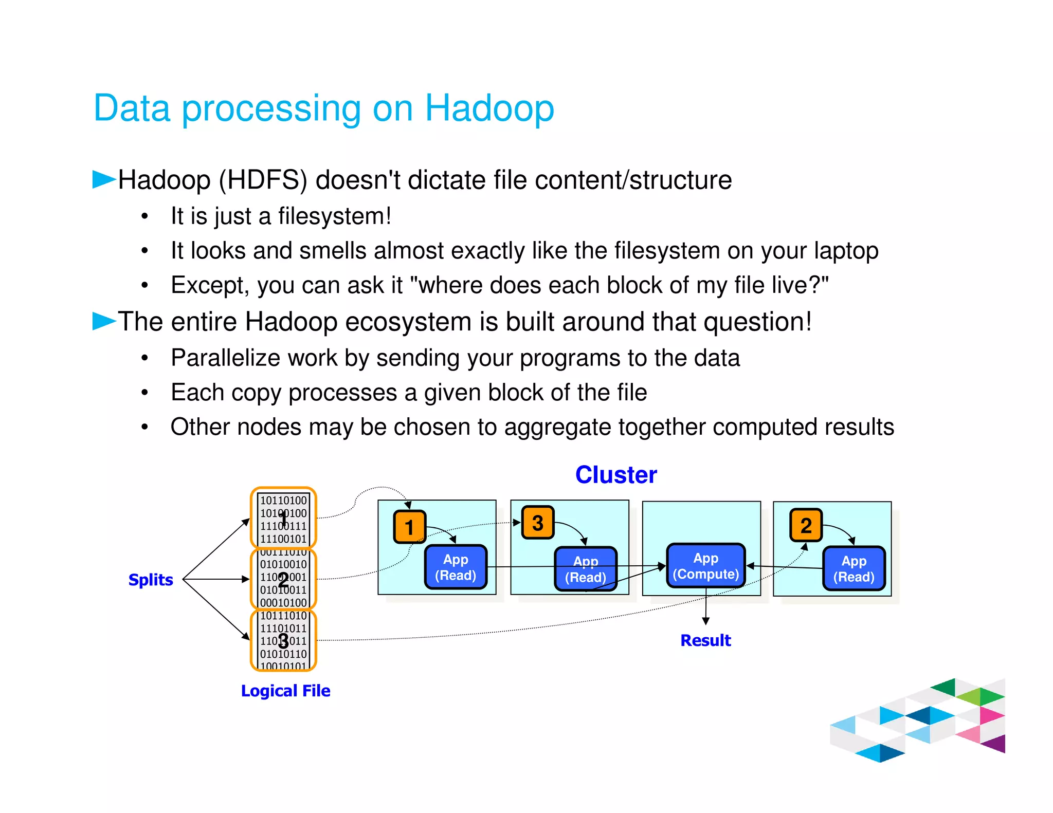 Data processing on Hadoop
Hadoop (HDFS) doesn't dictate file content/structure
• It is just a filesystem!
• It looks and smells almost exactly like the filesystem on your laptop
• Except, you can ask it "where does each block of my file live?"
The entire Hadoop ecosystem is built around that question!
• Parallelize work by sending your programs to the data
• Each copy processes a given block of the file
• Other nodes may be chosen to aggregate together computed results
10110100
10100100
11100111
11100101
00111010
01010010
11001001
01010011
00010100
10111010
11101011
11011011
01010110
10010101
1
2
3
Logical File
Splits
1
Cluster
23
App
(Read)
App
(Read)
App
(Read)
App
(Compute)
Result
 