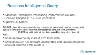 Business Intelligence Query
•Based on Transaction Processing Performance Council –
Decision Support (TPC-DS) Benchmark
•Spark/SQL Query:
SELECT i_item_id , avg(ss_quantity) agg1, avg(ss_list_price) agg2, avg(ss_coupon_amt)
agg3 | FROM store_sales, customer_demographics, date_dim, item, promotion
WHERE ss_sold_date_sk = d_date_sk AND ss_item_sk = i_item_sk
AND…….
•Input: approximately 2GB of avro table data
•Simultaneously run software-accelerated and unaccelerated on
identical Amazon EMR clusters
 