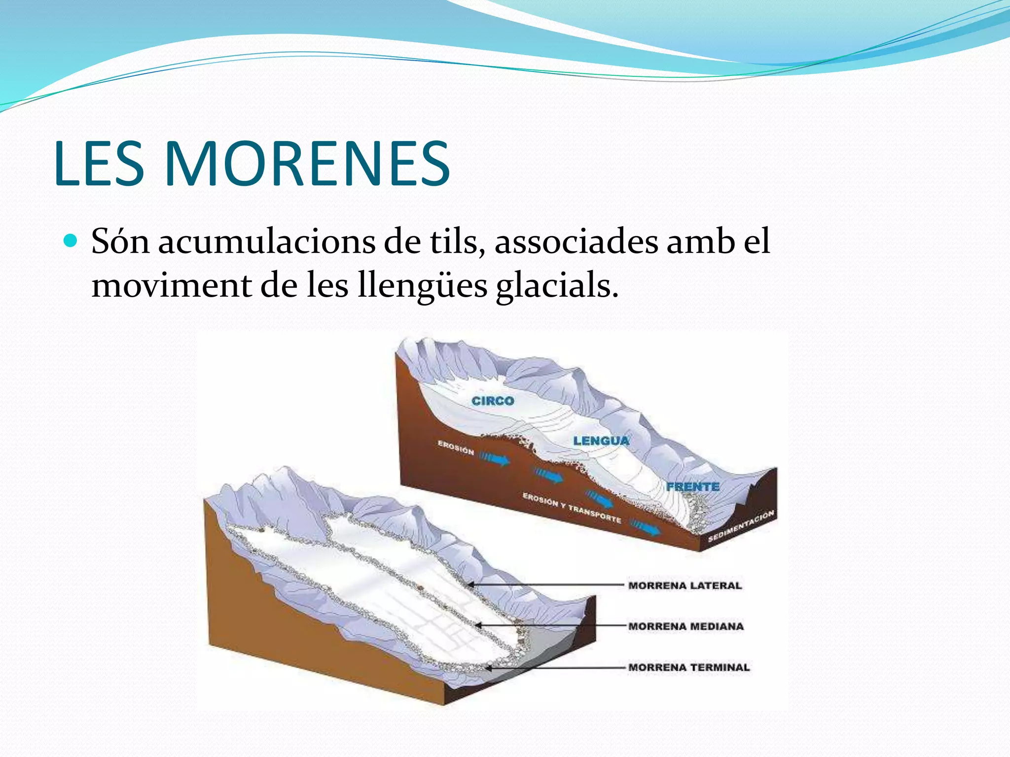 LES MORENES
 Són acumulacions de tils, associades amb el
moviment de les llengües glacials.
 