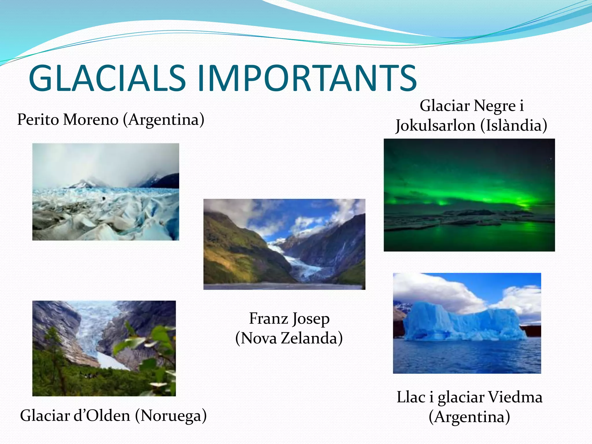 GLACIALS IMPORTANTS
Perito Moreno (Argentina)
Glaciar Negre i
Jokulsarlon (Islàndia)
Franz Josep
(Nova Zelanda)
Glaciar d’Olden (Noruega)
Llac i glaciar Viedma
(Argentina)
 