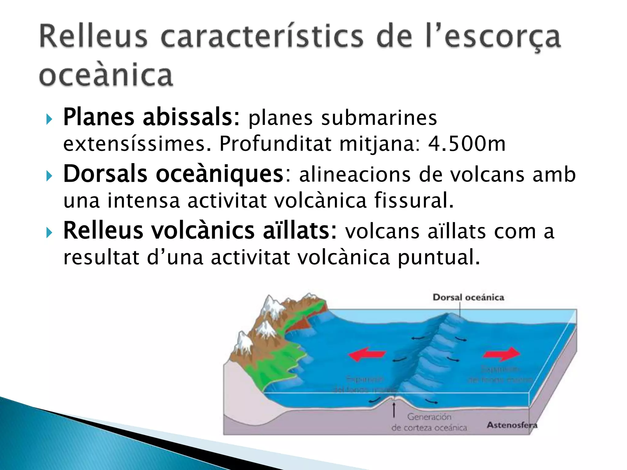  Planes abissals: planes submarines
extensíssimes. Profunditat mitjana: 4.500m
 Dorsals oceàniques: alineacions de volcans amb
una intensa activitat volcànica fissural.
 Relleus volcànics aïllats: volcans aïllats com a
resultat d’una activitat volcànica puntual.
 