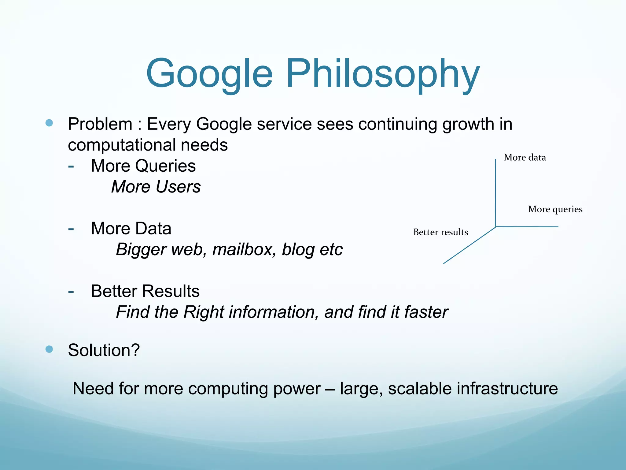 Google Philosophy
 Problem : Every Google service sees continuing growth in
  computational needs
                                                                  More data
  - More Queries
      More Users
                                                                       More queries

  - More Data                                    Better results

        Bigger web, mailbox, blog etc

  - Better Results
        Find the Right information, and find it faster

 Solution?

   Need for more computing power – large, scalable infrastructure
 