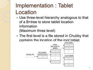 Implementation : Tablet
Location
 Use three-level hierarchy analogous to that
of a B+tree to store tablet location
information
(Maximum three level)
 The first level is a file stored in Chubby that
contains the location of the root tablet
20
 