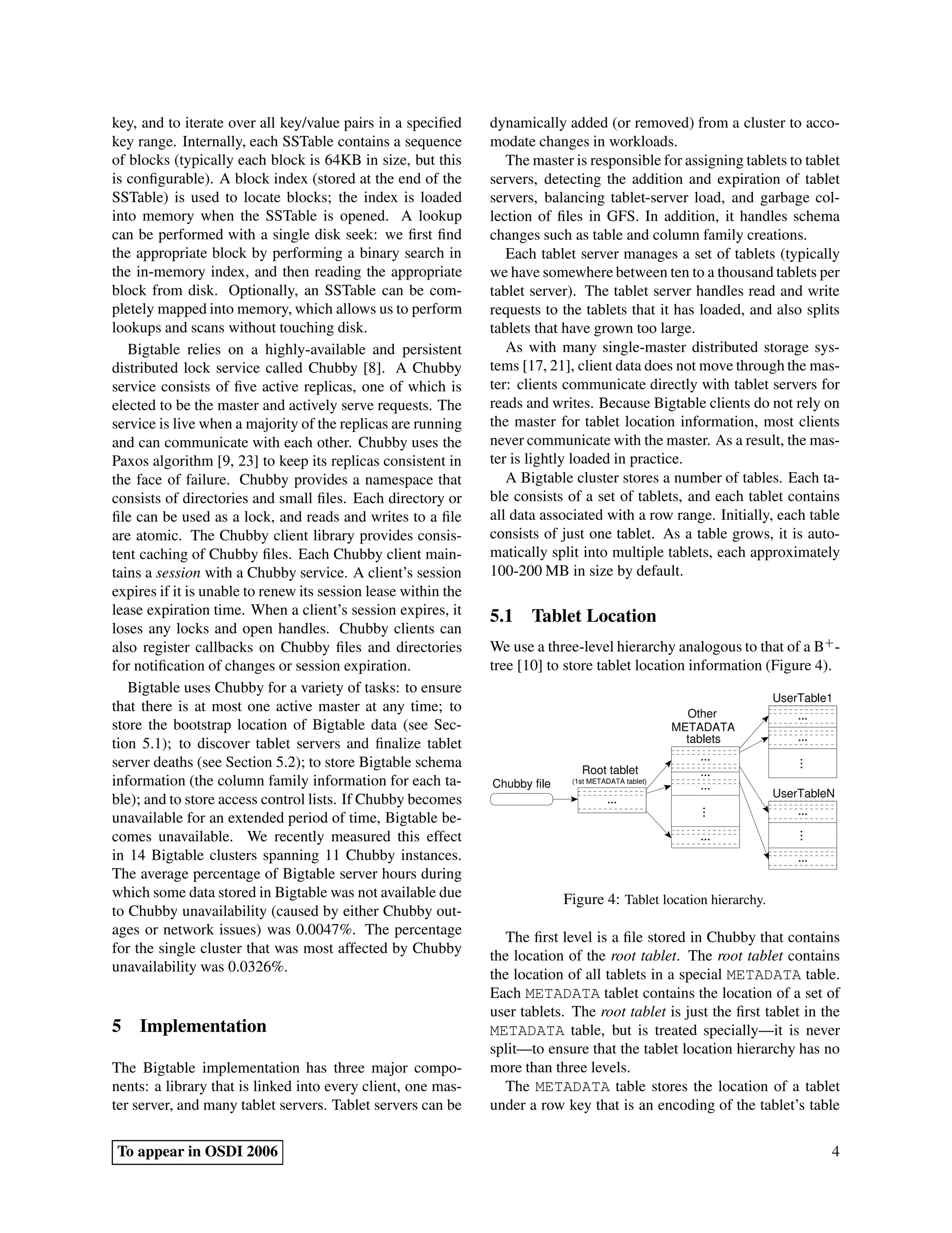 key, and to iterate over all key/value pairs in a speciﬁed
key range. Internally, each SSTable contains a sequence
of blocks (typically each block is 64KB in size, but this
is conﬁgurable). A block index (stored at the end of the
SSTable) is used to locate blocks; the index is loaded
into memory when the SSTable is opened. A lookup
can be performed with a single disk seek: we ﬁrst ﬁnd
the appropriate block by performing a binary search in
the in-memory index, and then reading the appropriate
block from disk. Optionally, an SSTable can be com-
pletely mapped into memory, which allows us to perform
lookups and scans without touching disk.
Bigtable relies on a highly-available and persistent
distributed lock service called Chubby [8]. A Chubby
service consists of ﬁve active replicas, one of which is
elected to be the master and actively serve requests. The
service is live when a majority of the replicas are running
and can communicate with each other. Chubby uses the
Paxos algorithm [9, 23] to keep its replicas consistent in
the face of failure. Chubby provides a namespace that
consists of directories and small ﬁles. Each directory or
ﬁle can be used as a lock, and reads and writes to a ﬁle
are atomic. The Chubby client library provides consis-
tent caching of Chubby ﬁles. Each Chubby client main-
tains a session with a Chubby service. A client’s session
expires if it is unable to renew its session lease within the
lease expiration time. When a client’s session expires, it
loses any locks and open handles. Chubby clients can
also register callbacks on Chubby ﬁles and directories
for notiﬁcation of changes or session expiration.
Bigtable uses Chubby for a variety of tasks: to ensure
that there is at most one active master at any time; to
store the bootstrap location of Bigtable data (see Sec-
tion 5.1); to discover tablet servers and ﬁnalize tablet
server deaths (see Section 5.2); to store Bigtable schema
information (the column family information for each ta-
ble); and to store access control lists. If Chubby becomes
unavailable for an extended period of time, Bigtable be-
comes unavailable. We recently measured this effect
in 14 Bigtable clusters spanning 11 Chubby instances.
The average percentage of Bigtable server hours during
which some data stored in Bigtable was not available due
to Chubby unavailability (caused by either Chubby out-
ages or network issues) was 0.0047%. The percentage
for the single cluster that was most affected by Chubby
unavailability was 0.0326%.
5 Implementation
The Bigtable implementation has three major compo-
nents: a library that is linked into every client, one mas-
ter server, and many tablet servers. Tablet servers can be
dynamically added (or removed) from a cluster to acco-
modate changes in workloads.
The master is responsible for assigning tablets to tablet
servers, detecting the addition and expiration of tablet
servers, balancing tablet-server load, and garbage col-
lection of ﬁles in GFS. In addition, it handles schema
changes such as table and column family creations.
Each tablet server manages a set of tablets (typically
we have somewhere between ten to a thousand tablets per
tablet server). The tablet server handles read and write
requests to the tablets that it has loaded, and also splits
tablets that have grown too large.
As with many single-master distributed storage sys-
tems [17, 21], client data does not move through the mas-
ter: clients communicate directly with tablet servers for
reads and writes. Because Bigtable clients do not rely on
the master for tablet location information, most clients
never communicate with the master. As a result, the mas-
ter is lightly loaded in practice.
A Bigtable cluster stores a number of tables. Each ta-
ble consists of a set of tablets, and each tablet contains
all data associated with a row range. Initially, each table
consists of just one tablet. As a table grows, it is auto-
matically split into multiple tablets, each approximately
100-200 MB in size by default.
5.1 Tablet Location
We use a three-level hierarchy analogous to that of a B+
-
tree [10] to store tablet location information (Figure 4).
..
.
...
...
..
.
...
..
.
tablets
METADATA
Other
Chubby file
...
UserTable1
UserTableN
...
...
...
...
...
Root tablet
(1st METADATA tablet)
Figure 4: Tablet location hierarchy.
The ﬁrst level is a ﬁle stored in Chubby that contains
the location of the root tablet. The root tablet contains
the location of all tablets in a special METADATA table.
Each METADATA tablet contains the location of a set of
user tablets. The root tablet is just the ﬁrst tablet in the
METADATA table, but is treated specially—it is never
split—to ensure that the tablet location hierarchy has no
more than three levels.
The METADATA table stores the location of a tablet
under a row key that is an encoding of the tablet’s table
To appear in OSDI 2006 4
 