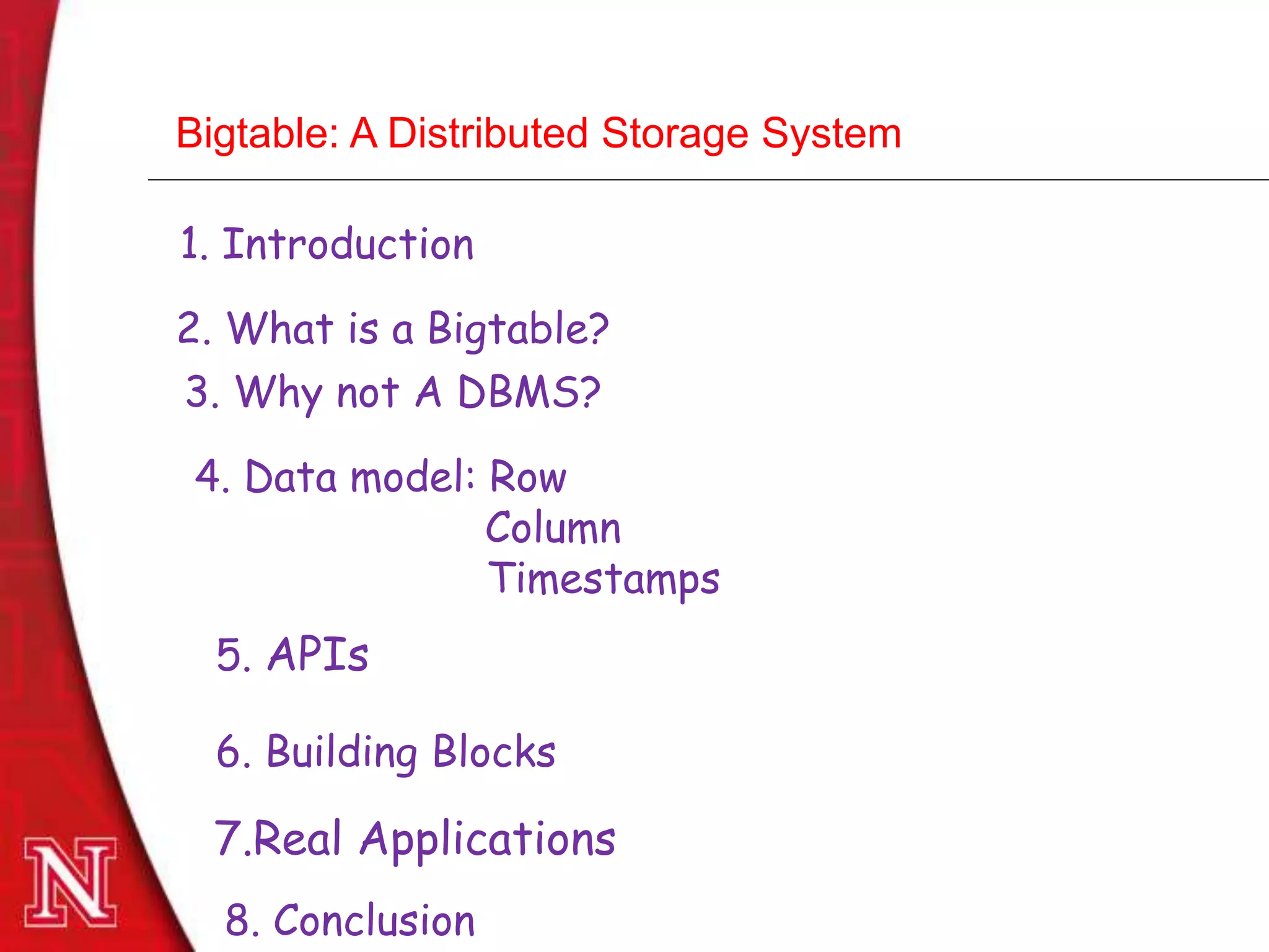 Dec 8th , 2011Dec 8th , 2011
Bigtable: A Distributed Storage System
1. Introduction
2. What is a Bigtable?
3. Why not A DBMS?
4. Data model: Row
Column
Timestamps
5. APIs
6. Building Blocks
8. Conclusion
7.Real Applications
 