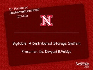 Bigtable: A Distributed Storage System
Presenter: Ku. Devyani B.Vaidya
 