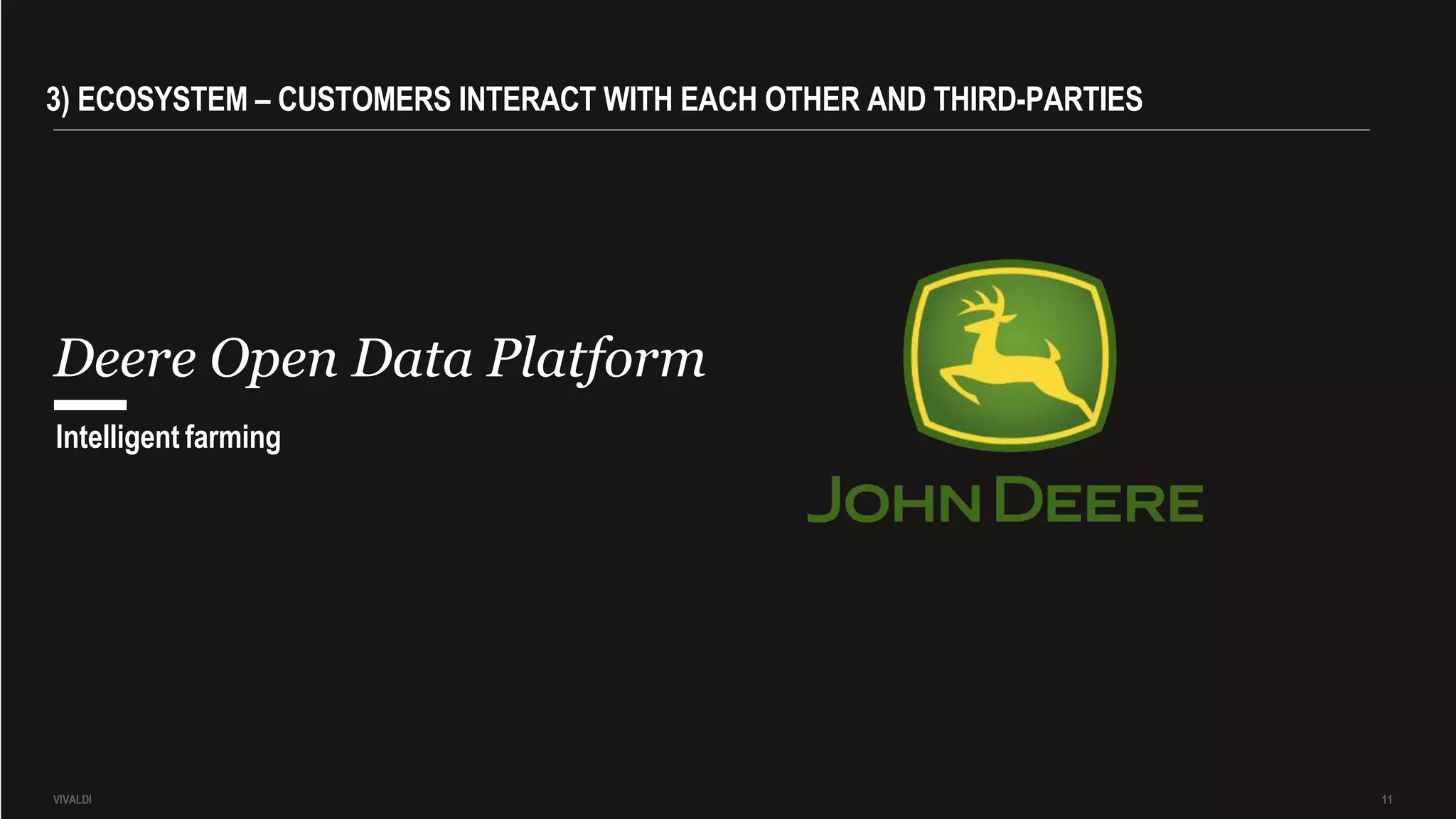 Deere Open Data Platform
Intelligent farming
VIVALDI 11
3) ECOSYSTEM – CUSTOMERS INTERACT WITH EACH OTHER AND THIRD-PARTIES
 