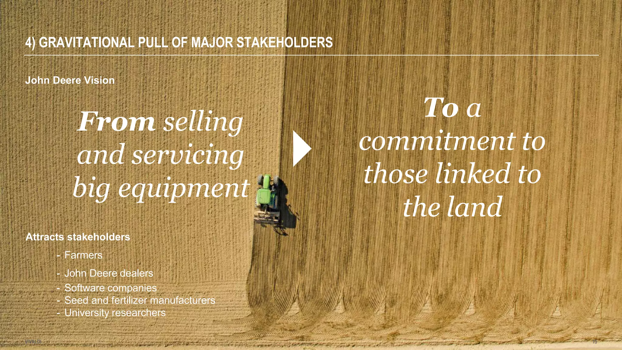 John Deere Vision
From selling
and servicing
big equipment
To a
commitment to
those linked to
the land
VIVALDI 15
4) GRAVITATIONAL PULL OF MAJOR STAKEHOLDERS
Attracts stakeholders
- Farmers
- John Deere dealers
- Software companies
- Seed and fertilizer manufacturers
- University researchers
 