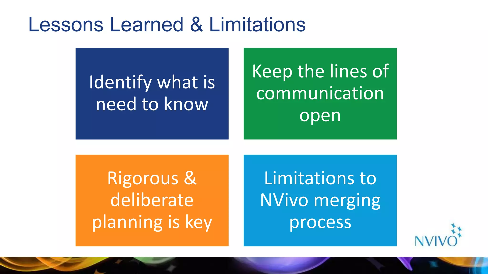 Lessons Learned & Limitations
Identify what is
need to know
Keep the lines of
communication
open
Rigorous &
deliberate
planning is key
Limitations to
NVivo merging
process
 