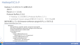 © 2021 NTT DATA Corporation 20
Hadoop 3.2.2のビルドに必要なもの
JDK 8
Maven (>= 3.3.0)
Protocol Buffers 2.5.0
# Hadoop 3.3.0以降だとProtocol Buffers 3.7.1
# protobuf-maven-pluginが使われてるけど、それでも必要
条件を満たしているかmaven-enforcer-pluginのチェックが入る
Hadoopのビルド
<plugin>
<groupId>org.apache.maven.plugins</groupId>
<artifactId>maven-enforcer-plugin</artifactId>
<inherited>false</inherited>
<configuration>
<rules>
<requireMavenVersion>
<version>[3.3.0,)</version>
</requireMavenVersion>
<requireJavaVersion>
<version>1.8</version>
</requireJavaVersion>
hadoop-assemblies/pom.xml:
 
