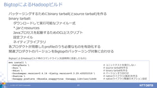 © 2021 NTT DATA Corporation 21
パッケージングするためにbinary tarball(とsource tarball)を作る
binary tarball:
ダウンロードして実行可能なファイル一式
*.jarとresources
Javaプロセスを起動するためのCLI/スクリプト
設定ファイル
ネイティブライブラリ
各プロダクトが用意したprofileのうち必要なものを有効化する
関連プロダクトのバージョンをBigtopのパッケージング対象に合わせる
BigtopによるHadoopビルド
mvn install 
-DskipTests  # ユニットテストを実行しない
-Psrc  # source tarballを作る
-Pdist  # binary tarballを作る
-Dzookeeper.version=3.4.14 -Djetty.version=9.3.29.v20201019  # バージョンすり合わせ
-Pnative  # nativeライブラリ(後述)を作る
-Dsnappy.prefix=x -Dbundle.snappy=true -Dsnappy.lib=/usr/lib64 # nativeライブラリ関連のオプション設定
BigtopによるHadoopビルド時のコマンドライン(を説明用に改変したもの):
 