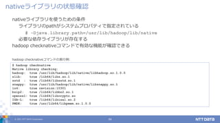 © 2021 NTT DATA Corporation 24
nativeライブラリを使うための条件
ライブラリのpathがシステムプロパティで指定されている
# -Djava.library.path=/usr/lib/hadoop/lib/native
必要な依存ライブラリが存在する
hadoop checknativeコマンドで有効な機能が確認できる
nativeライブラリの状態確認
$ hadoop checknative
Native library checking:
hadoop: true /usr/lib/hadoop/lib/native/libhadoop.so.1.0.0
zlib: true /lib64/libz.so.1
zstd : true /lib64/libzstd.so.1
snappy: true /usr/lib/hadoop/lib/native/libsnappy.so.1
lz4: true revision:10301
bzip2: true /lib64/libbz2.so.1
openssl: true /lib64/libcrypto.so
ISA-L: true /lib64/libisal.so.2
PMDK: true /usr/lib64/libpmem.so.1.0.0
hadoop checknativeコマンドの実行例:
 