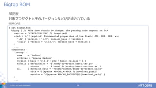 © 2021 NTT DATA Corporation 29
部品表
対象プロダクトとそのバージョンなどが記述されている
Bigtop BOM
$ cat bigtop.bom
bigtop { // *the name should be change: the parsing code depends on it*
version = "STACK-VERSION" // *required*
stack { // *required* Fundamental properties of the Stack: JDK, SDK, GDK, etc
'jdk' { version = '1.8'; version_base = version }
'scala' { version = '2.10.4'; version_base = version }
}
...
components {
'hadoop' {
name = 'hadoop'
relNotes = 'Apache Hadoop'
version { base = '3.2.2'; pkg = base; release = 1 }
tarball { destination = "${name}-${version.base}.tar.gz"
source = "${name}-${version.base}-src.tar.gz" }
url { download_path = "/$name/common/$name-${version.base}"
site = "${apache.APACHE_MIRROR}/${download_path}"
archive = "${apache.APACHE_ARCHIVE}/${download_path}" }
}
...
BOMの内容:
 