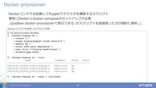 © 2021 NTT DATA Corporation 39
Dockerコンテナを起動してPuppetでクラスタを構築するスクリプト
事前にDockerとdocker-composeのセットアップが必要
./gradlew docker-provisionerで実行できる(がスクリプトを直接使った方が微妙に便利..)
Docker provisioner
$ cd provisioner/docker
$ ./docker-hadoop.sh 
--create 3 
--image bigtop/puppet:trunk-centos-8 
--memory 8g 
--stack hdfs,yarn,mapreduce 
--repo file:///bigtop-home/output 
--disable-gpg-check
$ ./docker-hadoop.sh --list
Name Command State Ports
------------------------------------------------------------
20210124_122554_r12819_bigtop_1 /sbin/init Up
20210124_122554_r12819_bigtop_2 /sbin/init Up
20210124_122554_r12819_bigtop_3 /sbin/init Up
$ ./docker-hadoop.sh --exec 1 /bin/bash
...
Dockerコンテナを利用したデプロイの例:
 