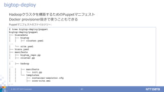 © 2021 NTT DATA Corporation 41
Hadoopクラスタを構築するためのPuppetマニフェスト
Docker provisioner抜きで使うこともできる
bigtop-deploy
$ tree bigtop-deploy/puppet
bigtop-deploy/puppet
├── hieradata
│ ├── bigtop
│ │ ├── cluster.yaml
...
│ └── site.yaml
├── hiera.yaml
├── manifests
│ ├── bigtop_repo.pp
│ ├── cluster.pp
...
│ ├── hadoop
...
│ │ ├── manifests
│ │ │ └── init.pp
│ │ └── templates
│ │ ├── container-executor.cfg
│ │ ├── core-site.xml
...
Puppetマニフェストのファイルツリー:
 