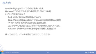 © 2021 NTT DATA Corporation 47
Apache Bigtopがやってるのは泥臭い作業
Hadoopエコシステムを使う敷居を下げるには必要
いろいろ勉強にはなる
RedHat系とDebian系のOSいろいろ
Java/Mavenのdependency managementの仕組みと苦労
ネイティブライブラリにまつわるあれこれ
コンテナやプロビジョニングツールを利用したテストとCI
Amazon EMRやAzure HDInsightの理解にも役立つ?
使ってみたり、パッチを投げてみたりしてください
まとめ
 