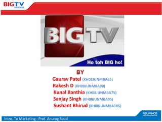 Gaurav Patel  (KH08JUNMBA65) Rakesh D  (KH08JUNMBA90) Kunal Banthia  (KH08JUNMBA75) Sanjay Singh  (KH08JUNMBA95) Sushant Bhirud  (KH08JUNMBA105) Intro. To Marketing : Prof. Anurag Sood 
