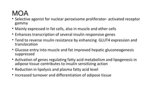 MOA
• Selective agonist for nuclear peroxisome proliferator- activated receptor
gamma
• Mainly expressed in fat cells, also in muscle and other cells
• Enhances transcription of several insulin responsive genes
• Tend to reverse insulin resistance by enhancing GLUT4 expression and
translocation
• Glucose entry into muscle and fat improved hepatic gluconeogenesis
suppressed
• Activation of genes regulating fatty acid metabolism and lipogenesis in
adipose tissue contributes to insulin sensitizing action
• Reduction in lipolysis and plasma fatty acid level
• Increased turnover and differentiation of adipose tissue
 