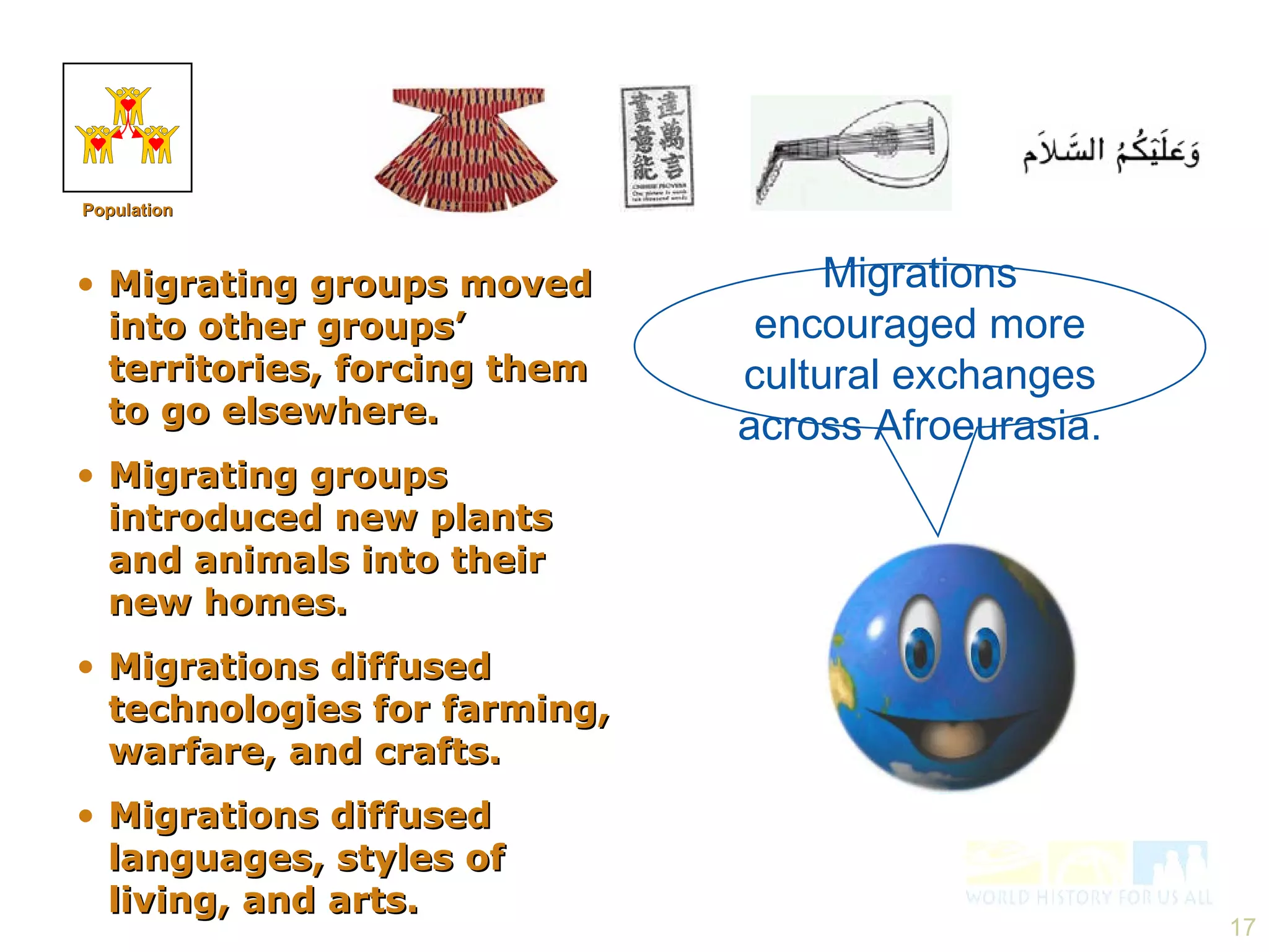 Migrating groups moved into other groups’ territories, forcing them to go elsewhere. Migrating groups introduced new plants and animals into their new homes. Migrations diffused technologies for farming, warfare, and crafts. Migrations diffused languages, styles of living, and arts. Migrations encouraged more cultural exchanges across Afroeurasia. Population 