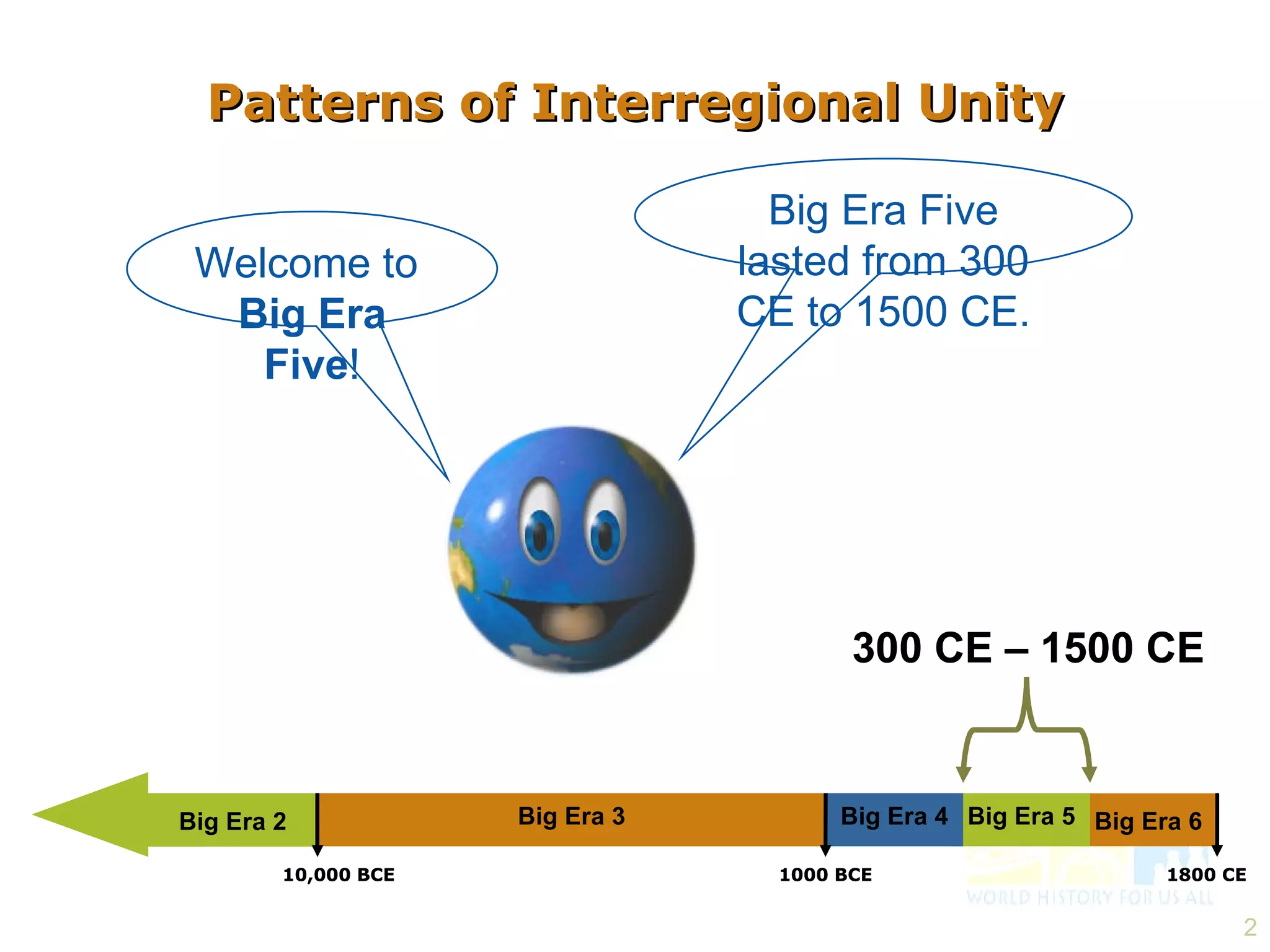 Patterns of Interregional Unity Welcome to  Big Era Five ! Big Era Five lasted from 300 CE to 1500 CE. Big Era 2 300 CE – 1500 CE Big Era 3 Big Era 5 Big Era 4 1800 CE 10,000 BCE 1000 BCE Big Era 6 Big Era 2 300 CE – 1500 CE Big Era 3 Big Era 5 Big Era 4 1800 CE 10,000 BCE 1000 BCE 