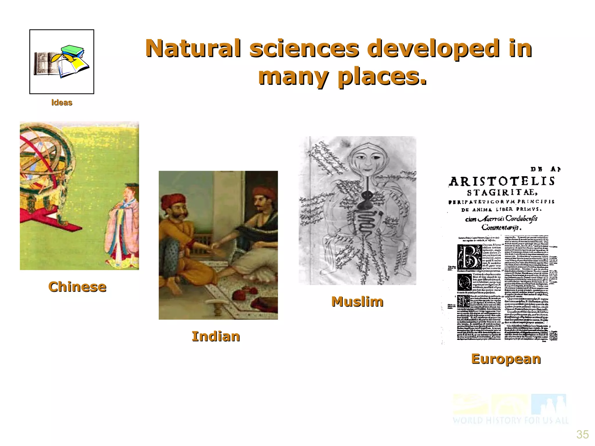 Natural sciences developed in  many places. Ideas Indian Chinese Muslim European 